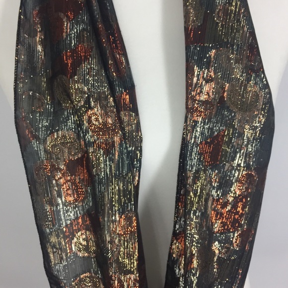 Vintage Scarf Metallic Silver Gold Copper Black Warm Fall Colors - Picture 6 of 13